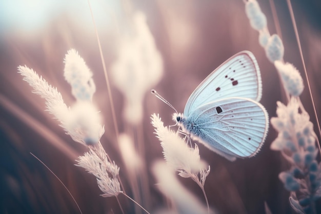 A blue butterfly sits on a field of grass.