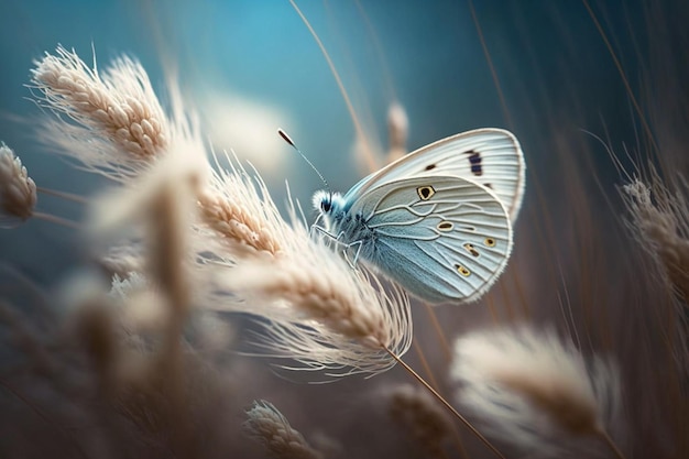 A blue butterfly sits on a flower in the grass.