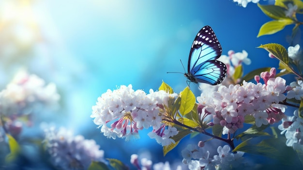 A blue butterfly sitting on top of a white flower