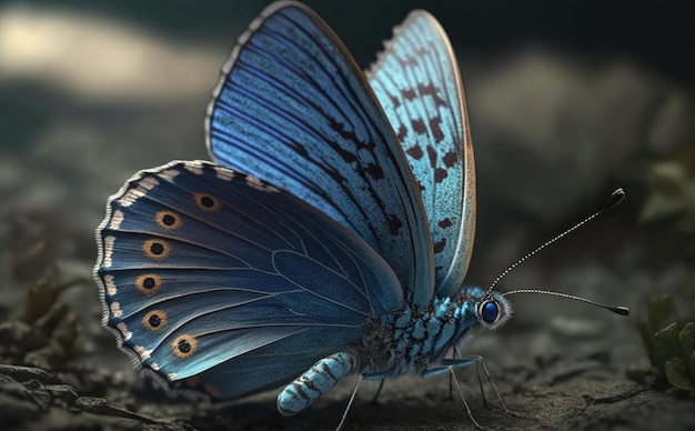 A blue butterfly with a black and gold ring around its wings