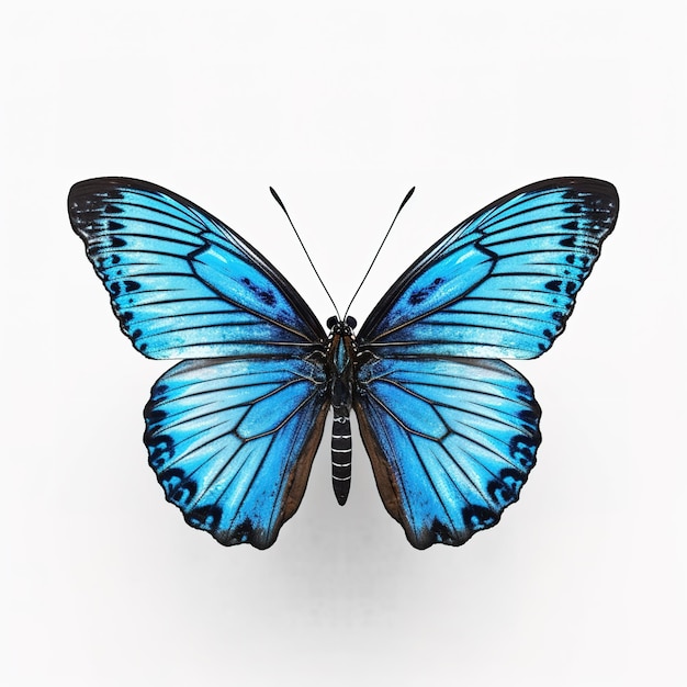 A blue butterfly with a black outline is on a white background.