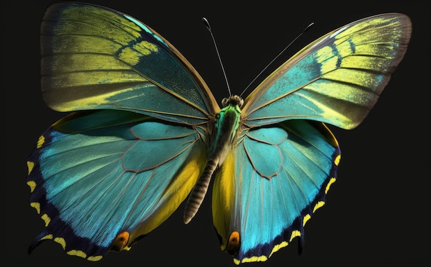 A blue butterfly with yellow wings and the word butterfly on it