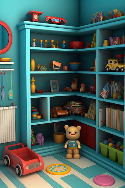 A blue cabinet with a blue door that says " little bear " on it.