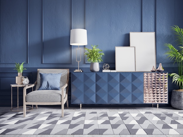  Blue cabinet with white armchair and plant and frame mockup on dark blue wall 