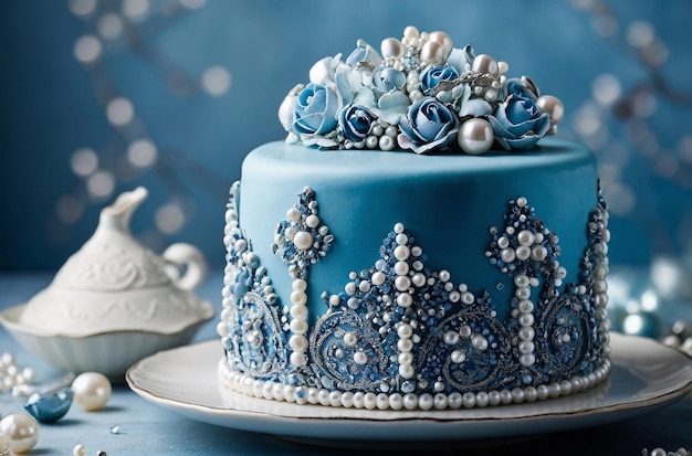 A blue cake adorned with silver edible pearls