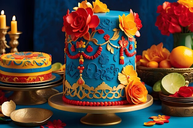 a blue cake with flowers and orange flowers on a table