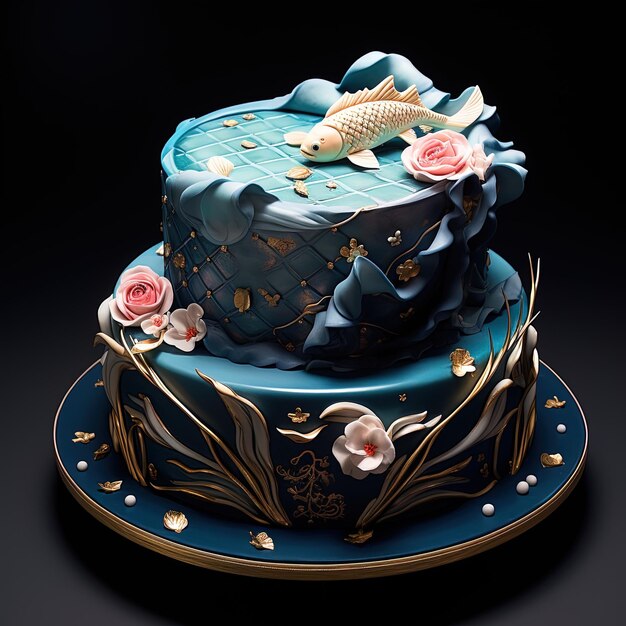 Photo a blue cake with a gold fish on top of it