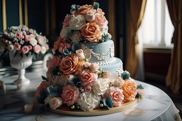 A blue cake with roses and pearls on it