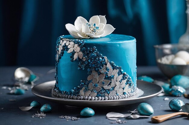 A blue cake with a silver sequin effect