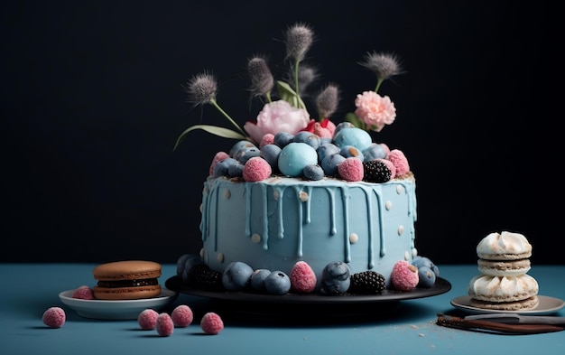 Blue Cake with Sweets on a Dark Blue Background Generative AI