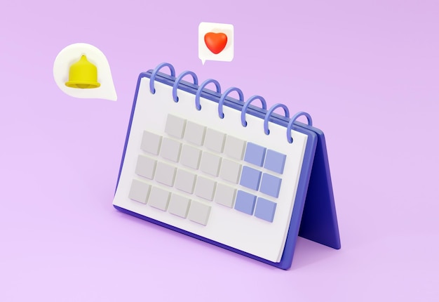 Blue calendar on a pink isolated background. 3d render illustration