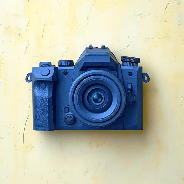 a blue camera with a blue lens sits on a yellow wall