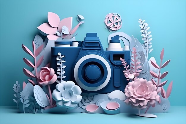 A blue camera with flowers on it