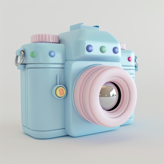 A blue camera with pink buttons and a pink lens