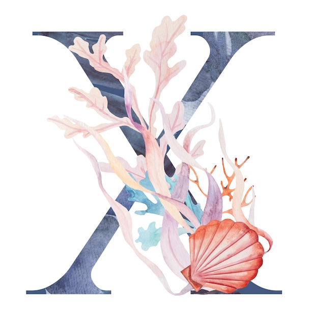 Blue capital letter X decorated with watercolor seaweeds corals and seashells illustration