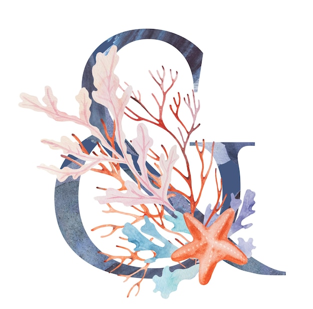 Blue capital symbol ampersand decorated with watercolor seaweeds corals and seashells illustration