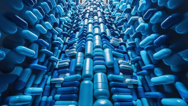 Blue capsules and pills wall