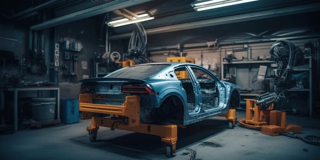 A blue car being lifted up in a workshop.