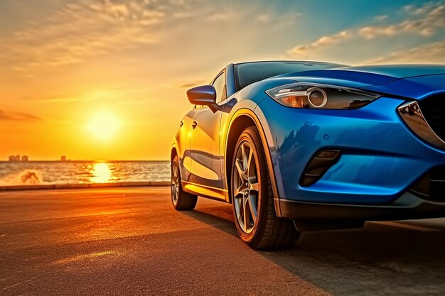 A blue car close up at sunset Ai photo