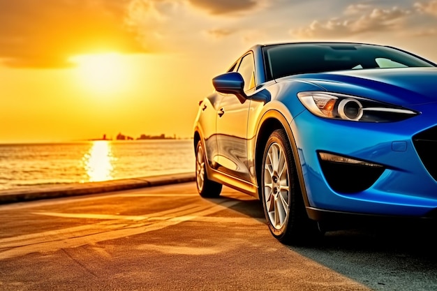 A blue car close up at sunset Ai photo