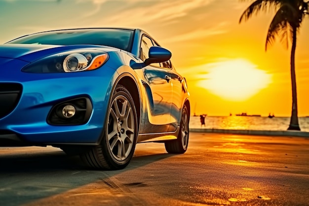 A blue car close up at sunset Ai photo