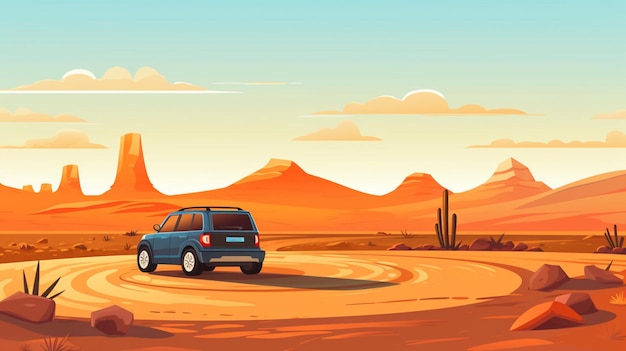 a blue car drives through a desert with mountains in the background