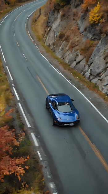 Photo a blue car driving down the road in the fall