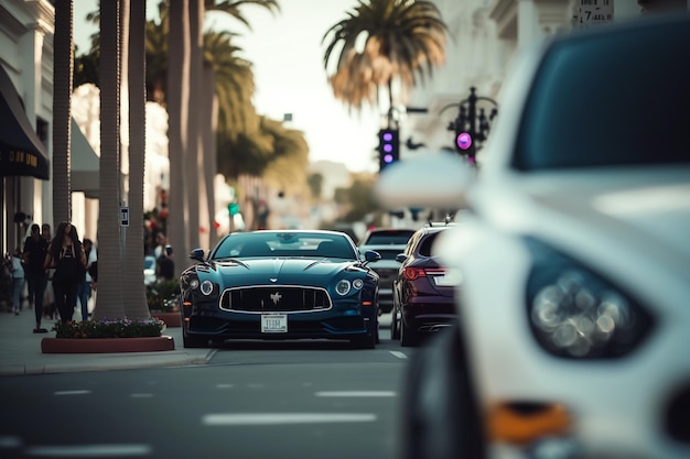 A blue car is driving down the street with a license plate that says's on it.