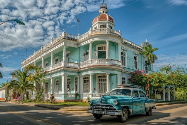 Photo a blue car is parked in front of a building with a sign that says  old