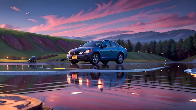 A blue car is parked in front of a lake with mountains in the background