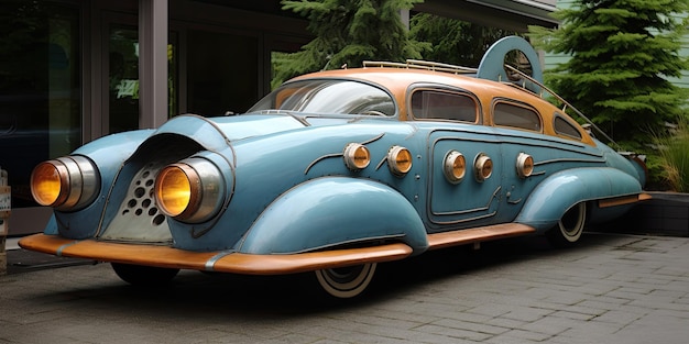 a blue car parked outside a building