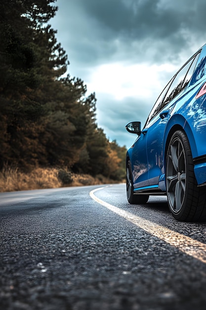 Blue car on the road in the countryside 3d rendering