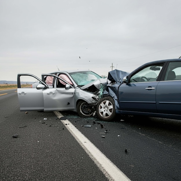 Photo a blue car that has the front bumper removed from the front of it