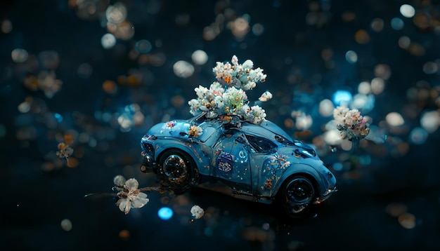 Photo a blue car with flowers on the roof is floating in water