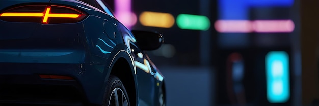 a blue car with a green and purple neon sign in the background