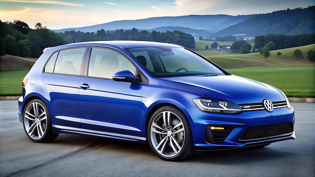 a blue car with the headlights on is parked in front of a mountain