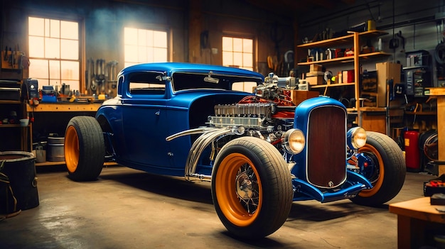 a blue car with the hood open is shown in a room with a shelf full of bottles