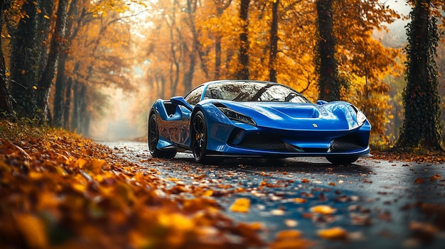 a blue car with the logo on the hood