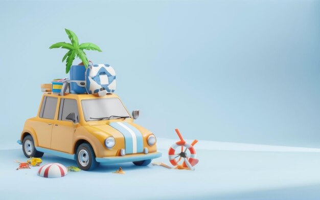 Blue car with luggage and beach accessories on blue background Summer travel concept 3D Render 3D