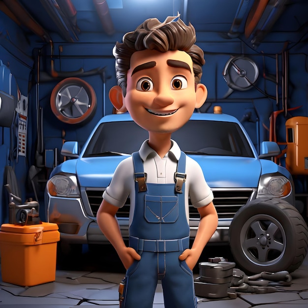 a blue car with a man wearing overalls and a blue shirt with a car in the background