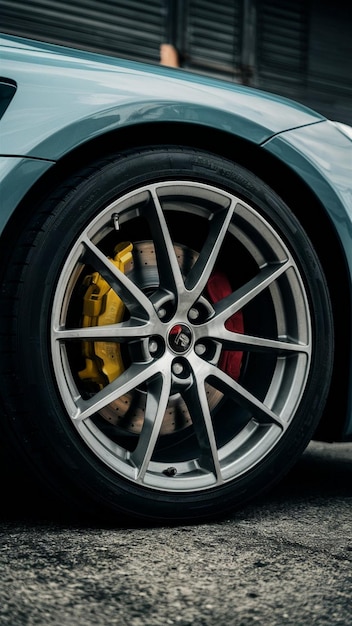 a blue car with a silver rim that has a red rim