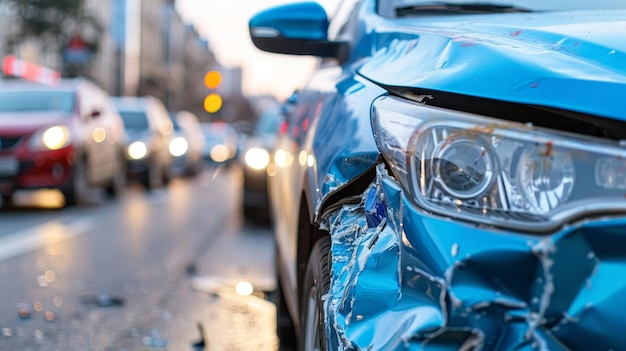 A blue car with a smashed front end is in the middle of a busy street