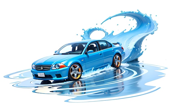 A blue car with water colors style art