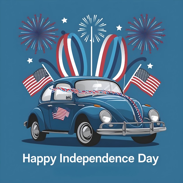 a blue car with the words happy independence day on it