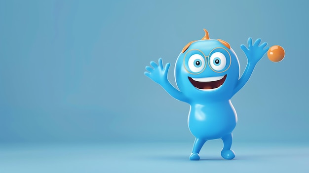 A blue cartoon character with glasses smiles and waves at the camera holding an orange sphere