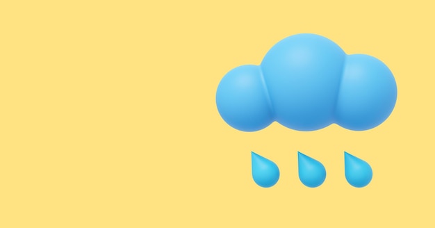 Blue cartoon cloud with rain 3D rendering Icon on yellow background space for text