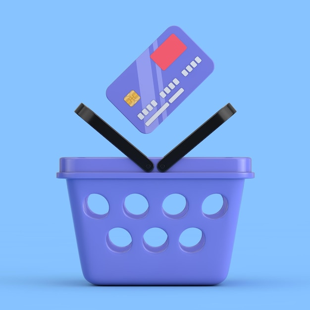 Blue Cartoon Minimal Style Grocery Shopping Basket with Abstract Cartoon Style Credit Card 3d Rendering