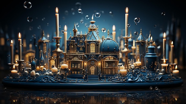 a blue castle with a gold roof sits in front of a fountain