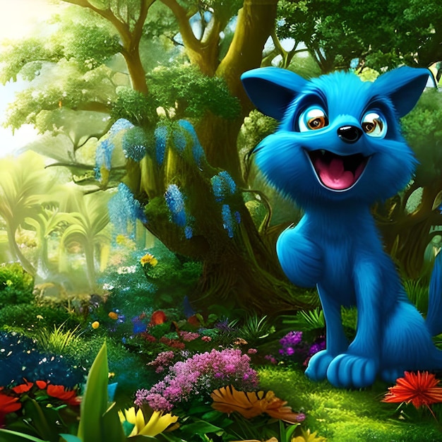 A blue cat is standing in a forest with flowers and trees.