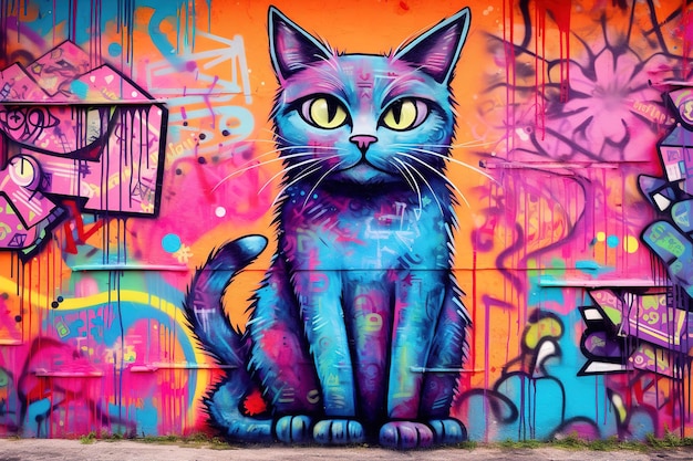 A blue cat painted on a wall with graffiti on it.